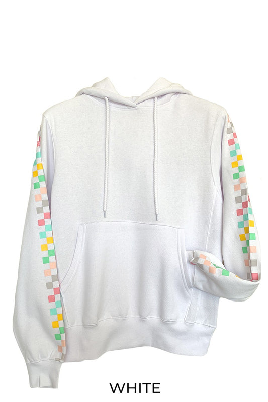 Checkerboard Sleeve Hoodie in White - Lulu Bella Boutique