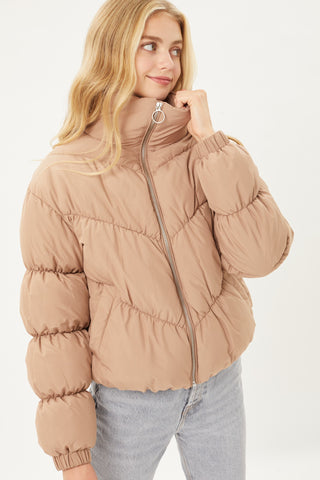 Long Sleeve Fluffy Puffer Jacket in Coco Brown
