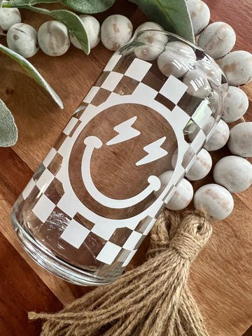 Lightning Bolt Beer Can Glass, Coffee Glass, Checkered: 16 ounces W/ Lid - Lulu Bella Boutique