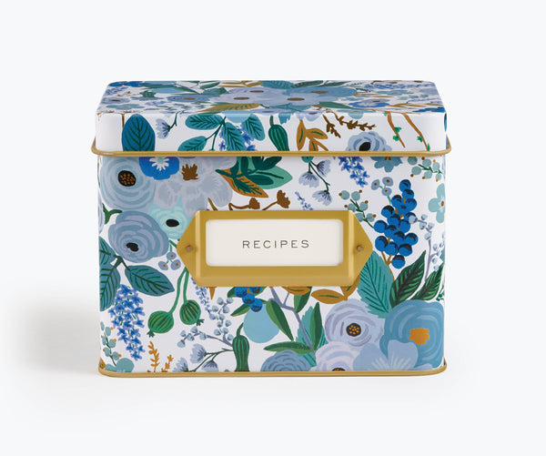 Garden Party Blue Tin Recipe Box