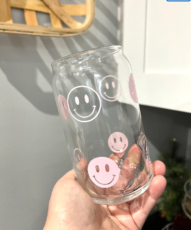 Beer Can Glass, Happy Face Iced Coffee Glass: 16 oz W/ Lid - Lulu Bella Boutique
