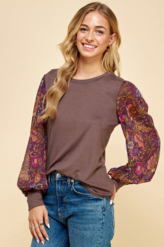 Espresso Floral Sleeve Top - Lulu Bella Boutique