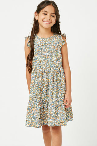 Girls Ruffle Sleeve Tiered Floral Dress