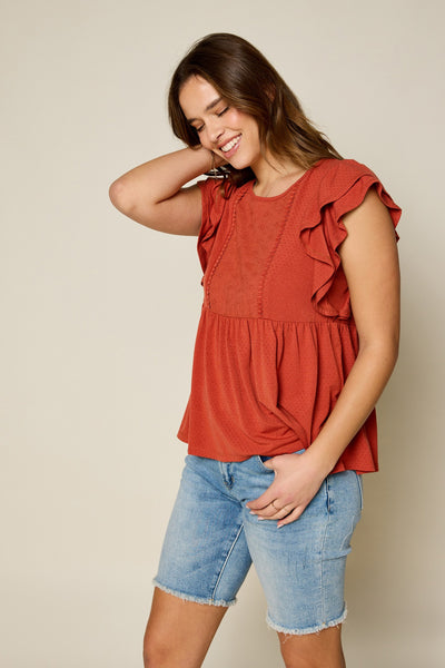 Flutter Sleeve Textured Knit Top in Clay