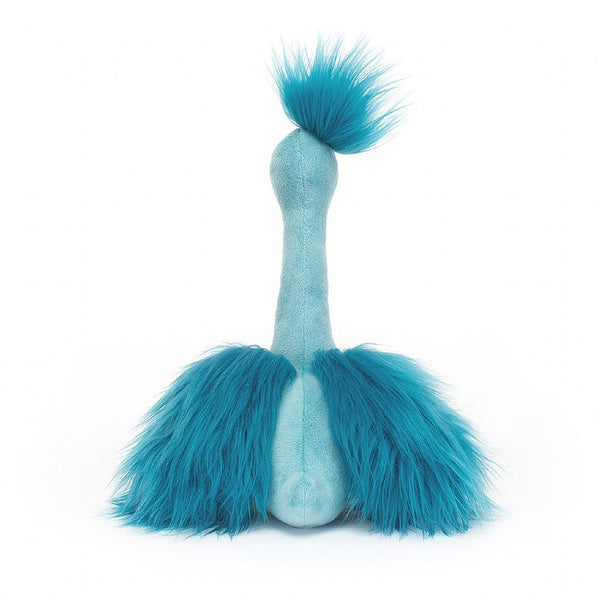 Fou Fou Peacock may not sing sweetly, but this blue boss is a ruffled rock star! Funky and fuzzy in silky teal plumage, with long fancy lashes and an even longer neck, our peacock pal is the headline act. With suedey stomp legs, a wild updo and bags of swagger, this bold bird's good to crow.