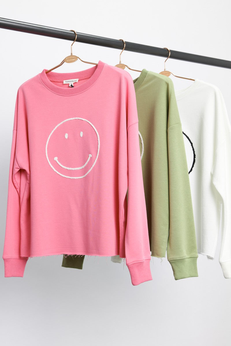 Smiley Face Crew Neck Sweater in Hot Pink