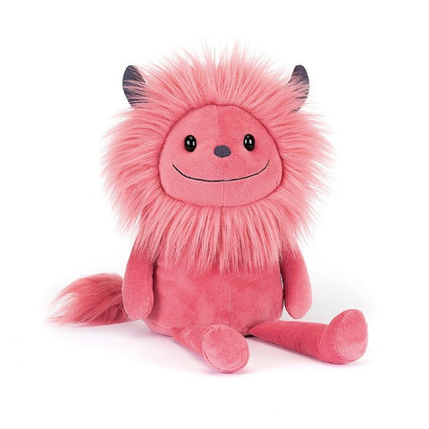 Jinx Monster is raspberry-zingy, with a silky pink mane and goofy grin. This quirky chum is excited to meet you, and has polished their suedey blue-grey horns! With a tassel tail, round stitchy nose, tubby tum and wee kicky legs, Jinx is marvellously mixed-up! Get ready for monster mischief!