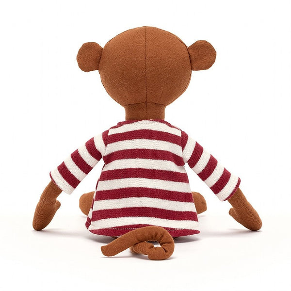 Madison Monkey is super-curious, always looking to see who's about! Genial, ginger and full of fun jokes, with a smiley peach face and a striped button top, Madison loves a banana coffee! With a long waggle tail, foldy ears and heart-shaped feet, this is the monkey to meet!  SIZE - H13" X W2"