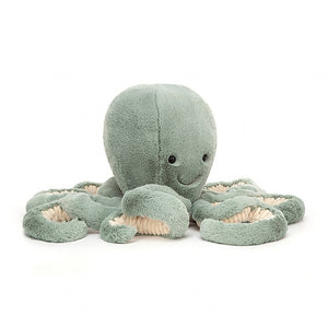 Dive to the depths for high adventure with wonderful Odyssey Octopus! Squishably soft in sea-moss green, with eight super-squiggly springy arms, Odyssey loves to give cordy cuddles. A splendid friend for any merfolk!  SIZE  - H9" X W4"