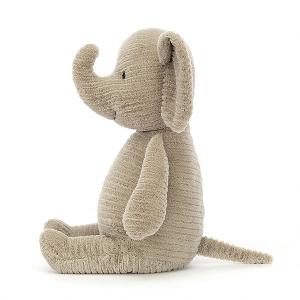 Quaxy Elephant is so baby-soft in cosy mushroom rumples. This faux-cord cutie sits patiently, waiting to go out to play! With foldy loop ears, a perky wee trunk, chunky legs and a cuddly tum, not to mention that neat diddy tail, this elly is keen to make wonderful memories!