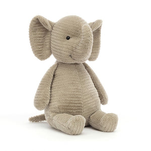 Quaxy Elephant is so baby-soft in cosy mushroom rumples. This faux-cord cutie sits patiently, waiting to go out to play! With foldy loop ears, a perky wee trunk, chunky legs and a cuddly tum, not to mention that neat diddy tail, this elly is keen to make wonderful memories!