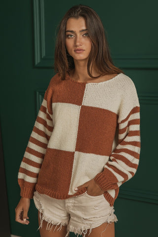 Colorblock Sweater with Striped Sleeves in Rust