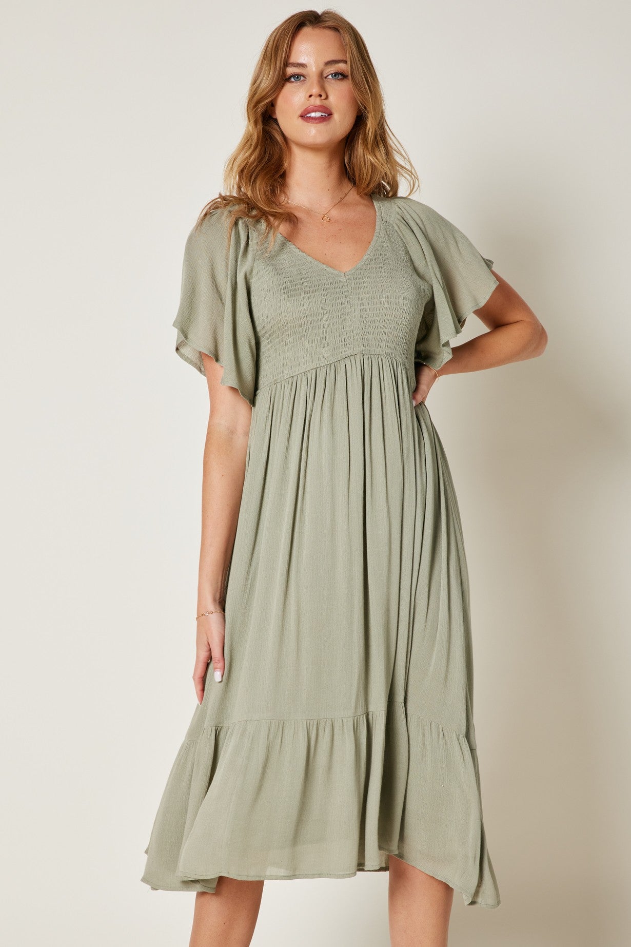 Ruffle Sleeve Smocked Dress in Light Olive