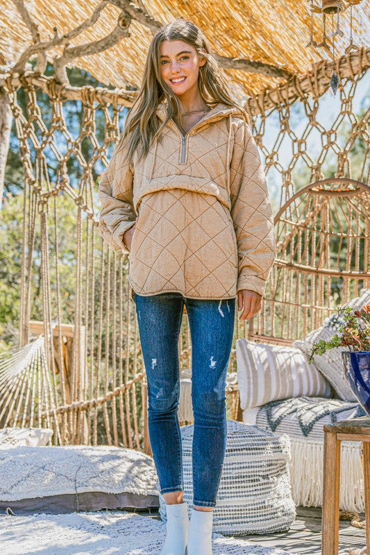 Washed Quilted Half Zip-up Hoodie in Taupe