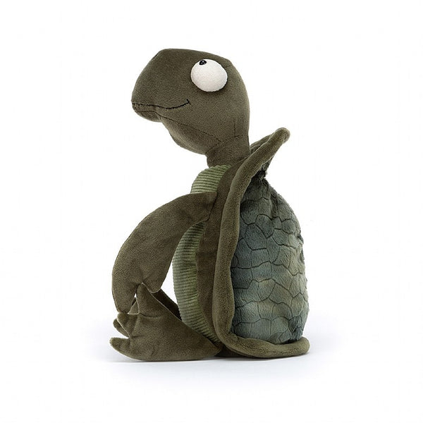 Tommy Turtle is a kooky companion with splendid seaweed-green fur. This tumbly turtle has a soft, textured shell with a mottled pattern and velvety frill, a chunky-soft beak, cordy tum and great big curious eyes! Flap those flippers and head to the beach!