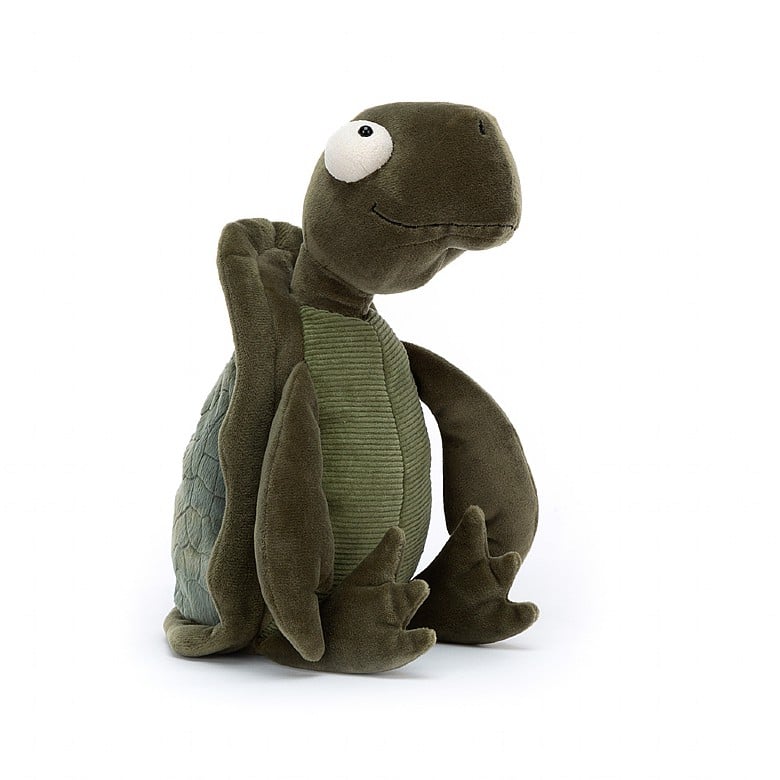 Tommy Turtle is a kooky companion with splendid seaweed-green fur. This tumbly turtle has a soft, textured shell with a mottled pattern and velvety frill, a chunky-soft beak, cordy tum and great big curious eyes! Flap those flippers and head to the beach!